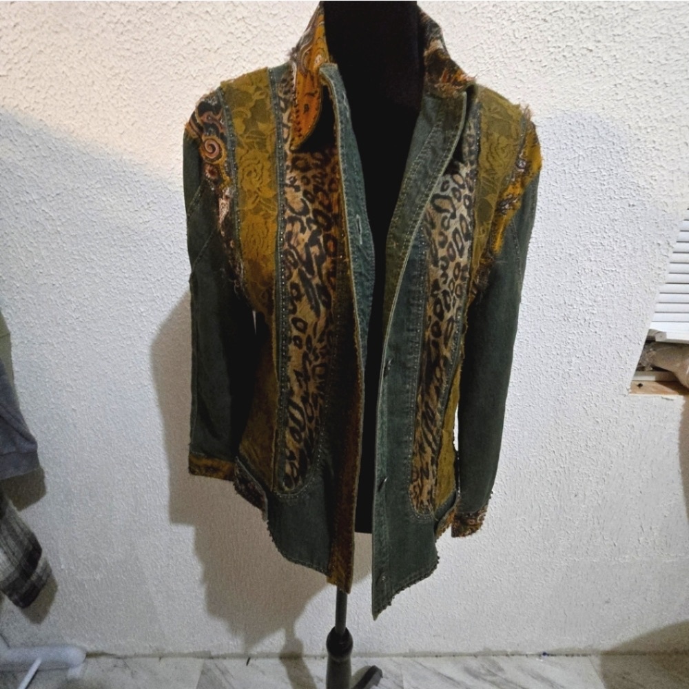 Bohemian Patchwork Jacket With Lace & Leopard Print Size M